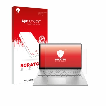Vorderseite einer Produktverpackung mit dem Markenlogo upscreen. Daneben ist das Gerät HP Pavilion x360 Convertible 15-erX mit