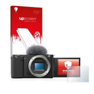 Vorderseite einer Produktverpackung mit dem Markenlogo upscreen. Daneben ist das Gerät Sony Alpha ZV-E10 mit dem zugehörigen D