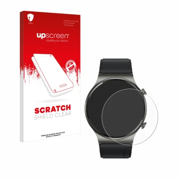 Vorderseite einer Produktverpackung mit dem Markenlogo upscreen. Daneben ist das Gerät Huawei Watch GT 2 Pro ECG mit dem zugeh