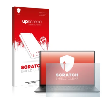 Vorderseite einer Produktverpackung mit dem Markenlogo upscreen. Daneben ist das Gerät Dell XPS 15 9510 Non-Touch mit dem zuge