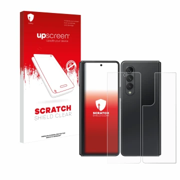 Vorderseite einer Produktverpackung mit dem Markenlogo upscreen. Daneben ist das Gerät Samsung Galaxy Z Fold 3 5G (Display+Rüc