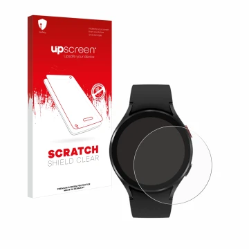 Vorderseite einer Produktverpackung mit dem Markenlogo upscreen. Daneben ist das Gerät Samsung Galaxy Watch 4 (44mm) mit dem z