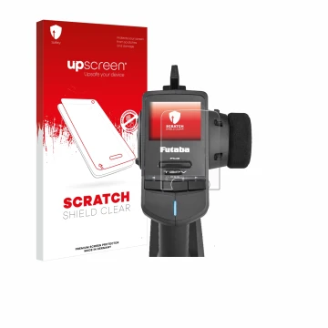 Vorderseite einer Produktverpackung mit dem Markenlogo upscreen. Daneben ist das Gerät Futaba T3PV mit dem zugehörigen Display
