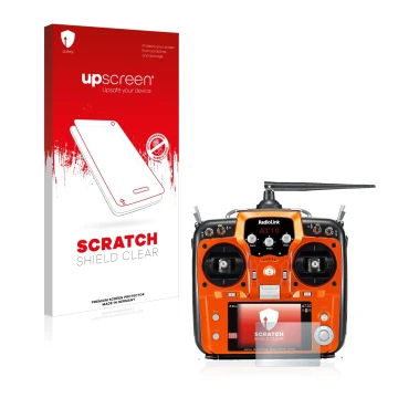 Vorderseite einer Produktverpackung mit dem Markenlogo upscreen. Daneben ist das Gerät RadioLink AT10II mit dem zugehörigen Di