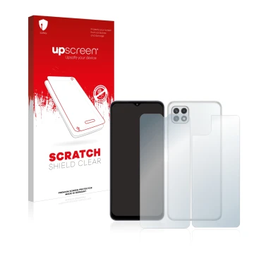 Vorderseite einer Produktverpackung mit dem Markenlogo upscreen. Daneben ist das Gerät Samsung Galaxy A22 5G (Display+Rückseit