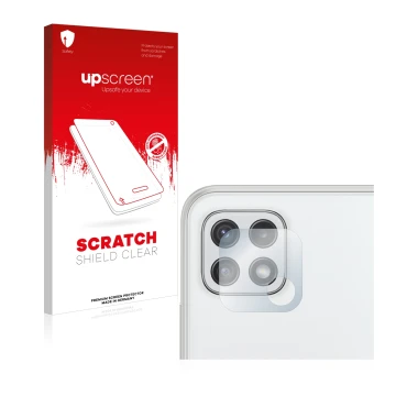 Vorderseite einer Produktverpackung mit dem Markenlogo upscreen. Daneben ist das Gerät Samsung Galaxy A22 5G (NUR Kameraschutz