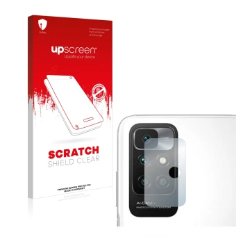 Vorderseite einer Produktverpackung mit dem Markenlogo upscreen. Daneben ist das Gerät Xiaomi Redmi 10 (NUR Kameraschutz) mit 