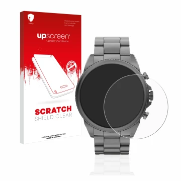Vorderseite einer Produktverpackung mit dem Markenlogo upscreen. Daneben ist das Gerät Fossil Gen 6 (44mm) mit dem zugehörigen
