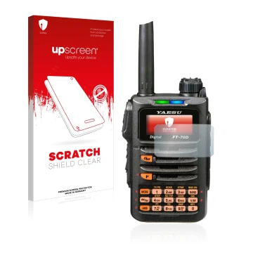 Vorderseite einer Produktverpackung mit dem Markenlogo upscreen. Daneben ist das Gerät Yaesu FT-70DR mit dem zugehörigen Displ
