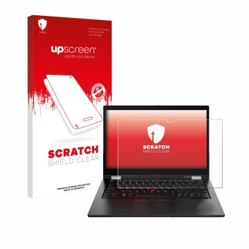 Vorderseite einer Produktverpackung mit dem Markenlogo upscreen. Daneben ist das Gerät Lenovo ThinkPad L13 Yoga Gen 2 mit dem 