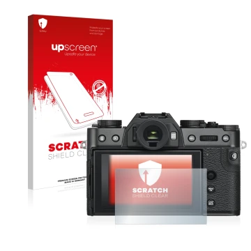 Vorderseite einer Produktverpackung mit dem Markenlogo upscreen. Daneben ist das Gerät Fujifilm X-T30 ll mit dem zugehörigen D