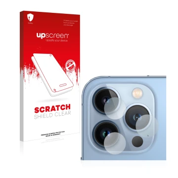 Vorderseite einer Produktverpackung mit dem Markenlogo upscreen. Daneben ist das Gerät Apple iPhone 13 Pro (NUR Kameraschutz) 