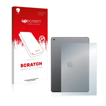 Vorderseite einer Produktverpackung mit dem Markenlogo upscreen. Daneben ist das Gerät Apple iPad 10.2