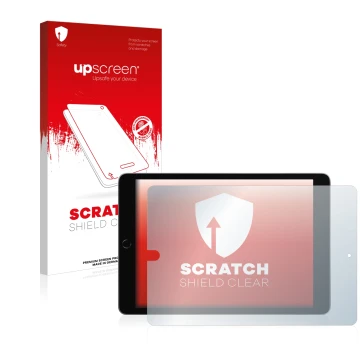 Vorderseite einer Produktverpackung mit dem Markenlogo upscreen. Daneben ist das Gerät Apple iPad 10.2