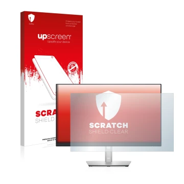 Vorderseite einer Produktverpackung mit dem Markenlogo upscreen. Daneben ist das Gerät Dell P2422HE mit dem zugehörigen Displa