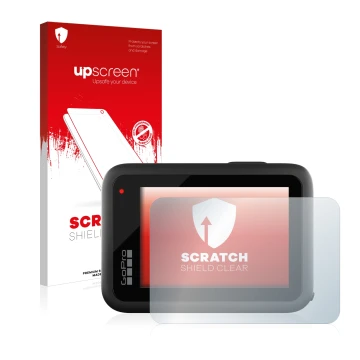 Vorderseite einer Produktverpackung mit dem Markenlogo upscreen. Daneben ist das Gerät GoPro Hero 10 Black mit dem zugehörigen