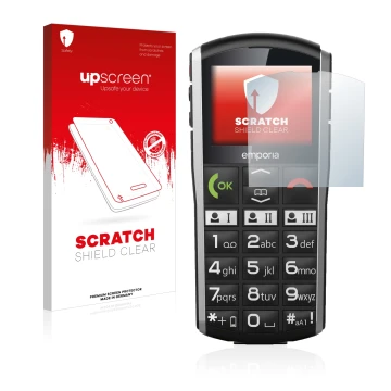 Vorderseite einer Produktverpackung mit dem Markenlogo upscreen. Daneben ist das Gerät Emporia Simplicity mit dem zugehörigen 