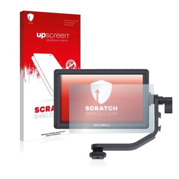 Vorderseite einer Produktverpackung mit dem Markenlogo upscreen. Daneben ist das Gerät Feelworld FW568 5.5