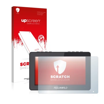 Vorderseite einer Produktverpackung mit dem Markenlogo upscreen. Daneben ist das Gerät Feelworld F5 PRO V2 5.5