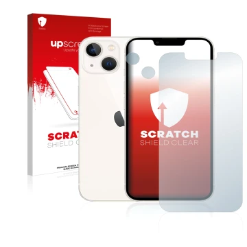 Vorderseite einer Produktverpackung mit dem Markenlogo upscreen. Daneben ist das Gerät Apple iPhone 13 (Display+Kamera) mit de