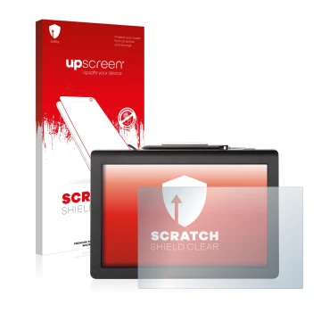 Vorderseite einer Produktverpackung mit dem Markenlogo upscreen. Daneben ist das Gerät Signotec Pen Display Delta (Touch) mit 
