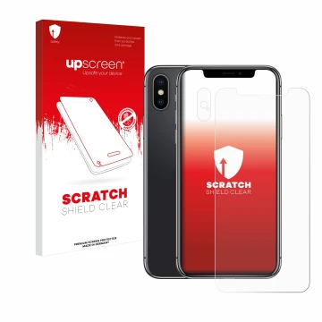 Vorderseite einer Produktverpackung mit dem Markenlogo upscreen. Daneben ist das Gerät Apple iPhone X (Display+Kamera) mit dem