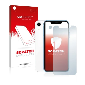 Vorderseite einer Produktverpackung mit dem Markenlogo upscreen. Daneben ist das Gerät Apple iPhone XR (Display+Kamera) mit de