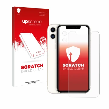 Vorderseite einer Produktverpackung mit dem Markenlogo upscreen. Daneben ist das Gerät Apple iPhone 11 (Display+Kamera) mit de