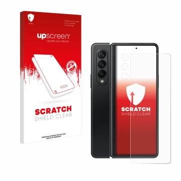 Vorderseite einer Produktverpackung mit dem Markenlogo upscreen. Daneben ist das Gerät Samsung Galaxy Z Fold 3 5G (Display+Kam