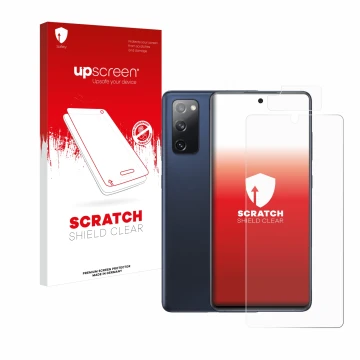 Vorderseite einer Produktverpackung mit dem Markenlogo upscreen. Daneben ist das Gerät Samsung Galaxy S20 FE 5G (Display+Kamer