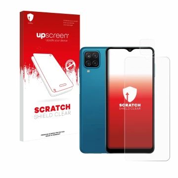 Vorderseite einer Produktverpackung mit dem Markenlogo upscreen. Daneben ist das Gerät Samsung Galaxy A12 (Display+Kamera) mit