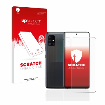 Vorderseite einer Produktverpackung mit dem Markenlogo upscreen. Daneben ist das Gerät Samsung Galaxy A51 5G (Display+Kamera) 