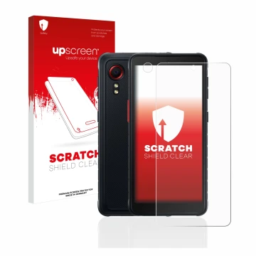 Vorderseite einer Produktverpackung mit dem Markenlogo upscreen. Daneben ist das Gerät Samsung Galaxy XCover 5 (Display+Kamera