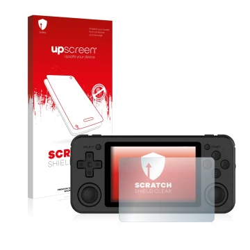 Vorderseite einer Produktverpackung mit dem Markenlogo upscreen. Daneben ist das Gerät Anbernic RG351P mit dem zugehörigen Dis