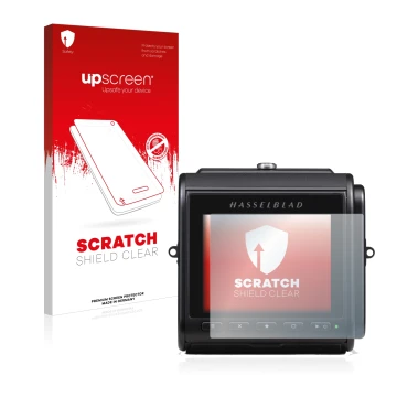 Vorderseite einer Produktverpackung mit dem Markenlogo upscreen. Daneben ist das Gerät Hasselblad 907X 50C mit dem zugehörigen