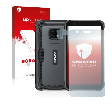 Vorderseite einer Produktverpackung mit dem Markenlogo upscreen. Daneben ist das Gerät Blackview BV4900S (Display+Kamera) mit 