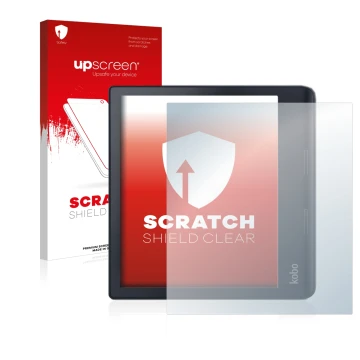 Vorderseite einer Produktverpackung mit dem Markenlogo upscreen. Daneben ist das Gerät Kobo Sage mit dem zugehörigen Displaysc