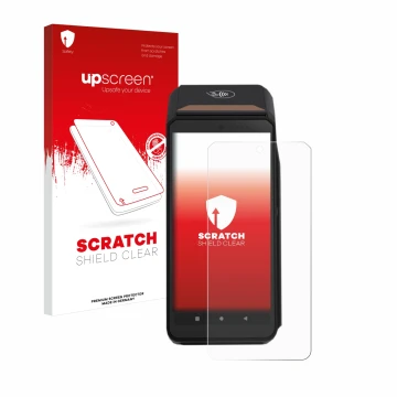 Vorderseite einer Produktverpackung mit dem Markenlogo upscreen. Daneben ist das Gerät ingenico Axium DX8000 mit dem zugehörig