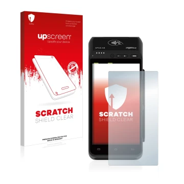 Vorderseite einer Produktverpackung mit dem Markenlogo upscreen. Daneben ist das Gerät ingenico Apos A8 mit dem zugehörigen Di