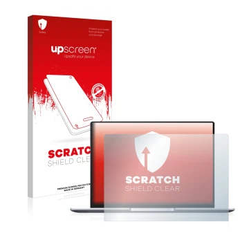 Vorderseite einer Produktverpackung mit dem Markenlogo upscreen. Daneben ist das Gerät Huawei MateBook 14 2021 mit dem zugehör