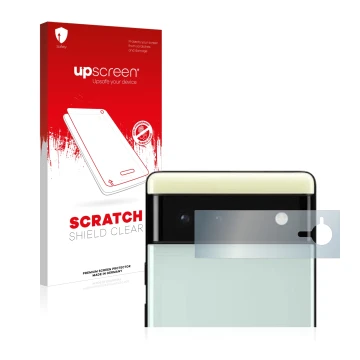 Vorderseite einer Produktverpackung mit dem Markenlogo upscreen. Daneben ist das Gerät Google Pixel 6 (NUR Kameraschutz) mit d