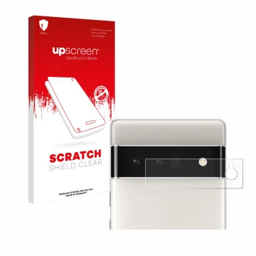 Vorderseite einer Produktverpackung mit dem Markenlogo upscreen. Daneben ist das Gerät Google Pixel 6 Pro (NUR Kameraschutz) m