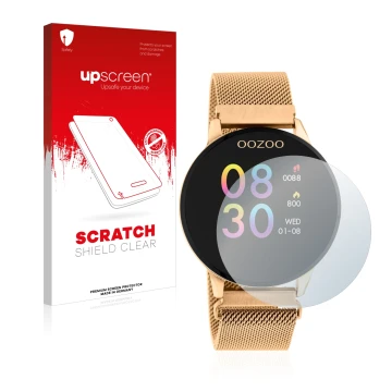 Vorderseite einer Produktverpackung mit dem Markenlogo upscreen. Daneben ist das Gerät Oozoo Q00117 mit dem zugehörigen Displa