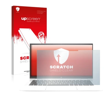 Vorderseite einer Produktverpackung mit dem Markenlogo upscreen. Daneben ist das Gerät HP EliteBook x360 1030 G7 mit dem zugeh