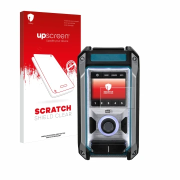 Vorderseite einer Produktverpackung mit dem Markenlogo upscreen. Daneben ist das Gerät Makita DMR115 mit dem zugehörigen Displ