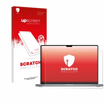 Vorderseite einer Produktverpackung mit dem Markenlogo upscreen. Daneben ist das Gerät Apple MacBook Pro 16