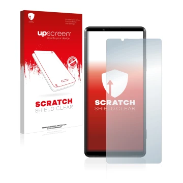 Vorderseite einer Produktverpackung mit dem Markenlogo upscreen. Daneben ist das Gerät Sony Xperia Pro-I mit dem zugehörigen D