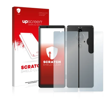 Vorderseite einer Produktverpackung mit dem Markenlogo upscreen. Daneben ist das Gerät Sony Xperia Pro-I (Display+Rückseite) m