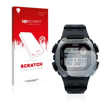 Vorderseite einer Produktverpackung mit dem Markenlogo upscreen. Daneben ist das Gerät Casio DW-291H mit dem zugehörigen Displ