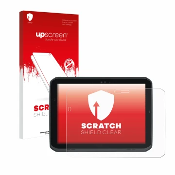 Vorderseite einer Produktverpackung mit dem Markenlogo upscreen. Daneben ist das Gerät Zebra ET80 mit dem zugehörigen Displays